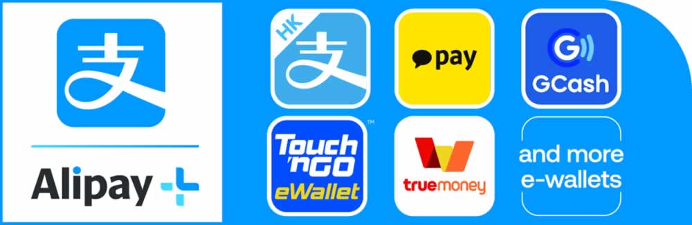 Alipay(中国)、AlipayHK(香港)、kakaopay(韓国)、GCash(フィリピン)、Touch'n Go(マレーシア)、truemoney(タイ)、and more e-wallets